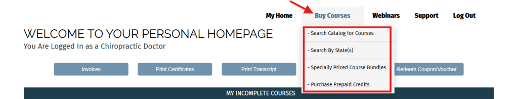 Screenshot showing the Buy Courses dropdown menu options.