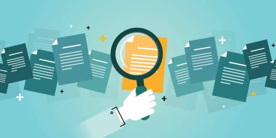 Illustration of multiple documents and a hand holding a magnifying glass over one of the documents.